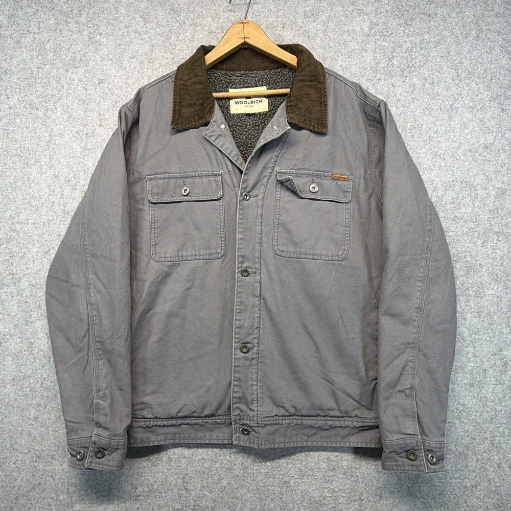 Woolrich Jacket Mens XL Gray Sherpa Lined Cotton Coat Corduroy Collar